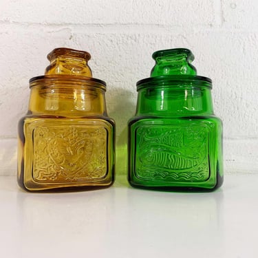 Vintage Wheaton Glass Lidded Canisters Biscuit Jar Cookie USA Canister Set of 2 Kitchen Food Storage MCM Glassware 1960s Green Yellow 