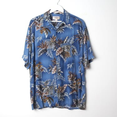 vintage MEN'S silky HAWAIIAN print boxy slouchy blue PALM tree cocktail lounger shirt -- size large 