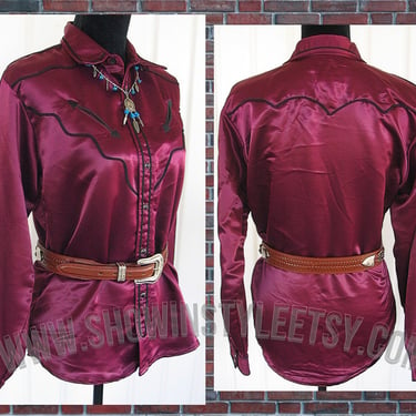 Vintage Retro Women's Cowgirl Western Shirt by Wrangler, Rodeo Queen Blouse, Shiny Burgundy, traditionally styled, Large (see meas. photo) 