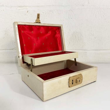 Vintage White Mele Jewelry Box Red Velvet Lining Gold Ornate Case Vanity Retro Storage 1950s 
