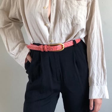 90s pink leather belt / vintage pink ostrich embossed leather belt / brass buckle pink belt | Medium 