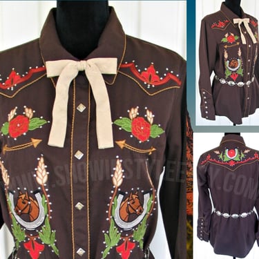 Panhandle Slim Vintage Western Retro Women's Cowgirl Shirt, Embroidered Old West Designs, Rhinestones, Tag Size Large (see meas. photo) 