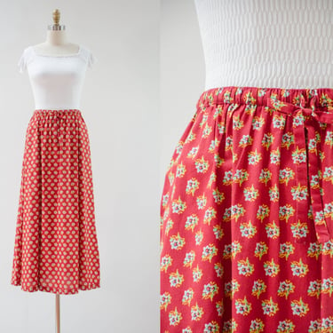 cute cottagecore skirt | 80s 90s vintage Laura Ashley red calico floral boho prairie long red cotton maxi skirt 