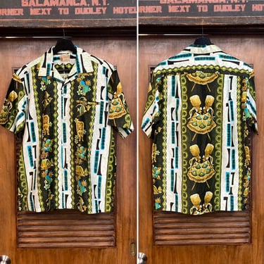 Vintage 1950’s Atomic Mod Tiki Border Print Cotton Hawaiian Shirt, Loop Collar, Shag Style, 50’s Vintage Clothing 