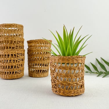 Set of 6 Vintage Wicker Cup Holders, Small Woven Rattan Wraps for Glasses or Plants 