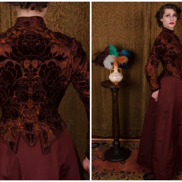 1880s Bodice - Exquisite Antique Mid 1880s Bodice in Lush Bronze Silk and Velvet Jacquard with Remade Early Edwardian Era Skirt 