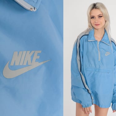 80s Nike Jacket Blue Windbreaker Striped Nylon Pullover Quarter Zip Jacket Retro Sporty Streetwear Shell Coat Vintage 1980s Extra Large xl 