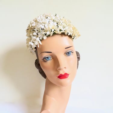 1950's 60's White Small Flowers Hat Wedding Bridal 50' Spring Summer Hats Sally Victor 