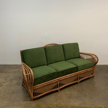 Vintage Rattan Sofa in Green Velvet 