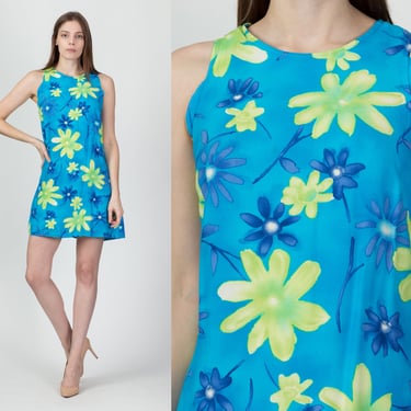 90s Blue Tropical Floral Mini Dress - Small | Vintage Hawaiian Sleeveless Summer Sundress 