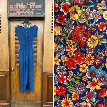 Vintage 1970’s Denim & Floral Hooded Jacket, Vintage Jumpsuit, 1970’s Vintage Clothing, Denim Jumpsuit, Hooded Jumpsuit 