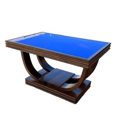 Streamline Art Deco Double Arch Rosewood Coffee Table w/ Colbalt Blue Glass Top 