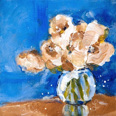 Begonias on Blue - Expressive Acrylic Painting - Daily Painting - 6x6 Small Art - Expressive Acrylic Paintings - Art for Gifts - Brown Blue 