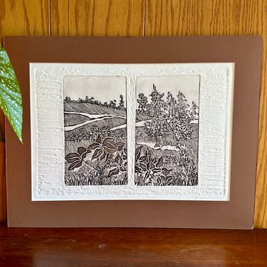 Vintage embossed nature scene / intaglio artist print by Oregon artist Gloria Cornelius / floral engraved diptych with brown matte 