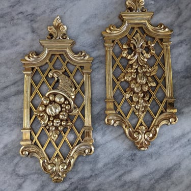 Vintage Pair of Gold Syrocco Plastic Retro Wall Plaques Cornucopia 