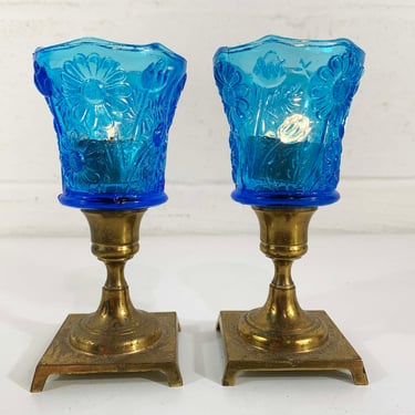 Vintage Glass Brass Candle Holders Pair Tea Light Candlesticks Wedding Candlestick Candleholders Blue Votives 1970s 70s 
