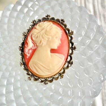 Vintage Cameo, Beautiful Carved Lucite, Brooch or Pendant, Filigree Setting, Mid Century 