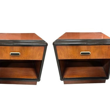 Pair of Two Toned Mid Century Modern Cherry Wood End Tables with Waterfall Edges 