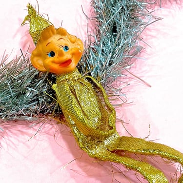 VINTAGE: Gold Elf Pixie Knee Hugging Christmas Ornament - Holidays 