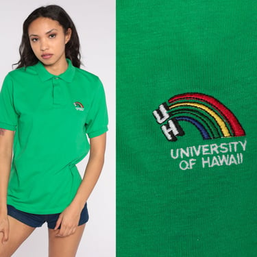 80s University of Hawaii Shirt Green Polo Shirt Half Button Up Hawaii Rainbows College Shirt 1980s Retro Vintage Small Medium 