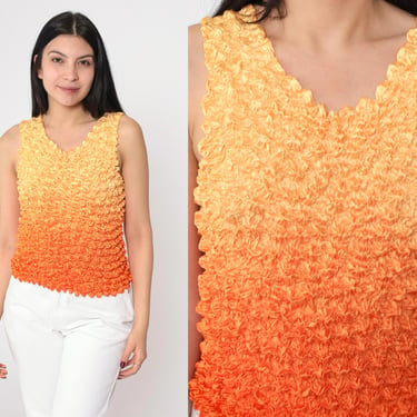 Ombre Popcorn Tank Top Y2K Gradient Orange Texture Blouse Stretchy Sleeveless Shirt Magic Bubble Shiny Casual Vintage 00s Small Medium xs 