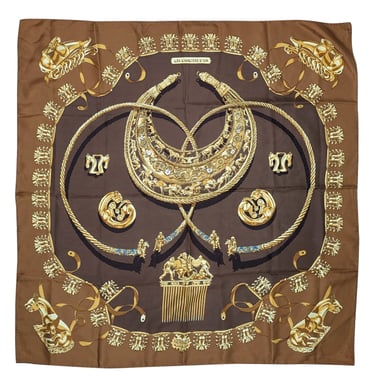 Hermes - Brown &amp; Gold Carre Les Cavaliers D'Or Silk Scarf