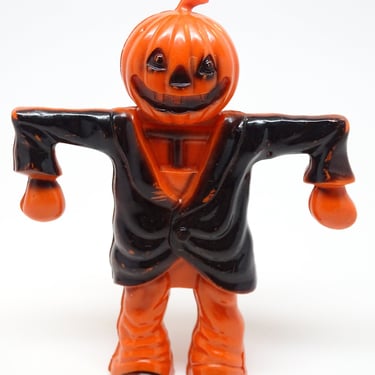 Vintage 1950's Halloween Candy Container, Antique MCM Retro Scarecrow Man with Jack-o-lantern Head 