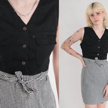 90s Mini Dress Black White Gingham Day Dress Sleeveless Button Up Shift Retro Chic Grunge Casual Minidress V Neck Vintage 1990s Medium 10p 