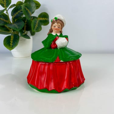 60's Vintage Lefton Christmas Girl Shopper With Muff, Vintage Christmas Candy Dish Jar, Red And Green Victorian Christmas Girl 