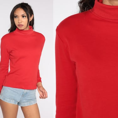 Red Turtleneck Shirt 90s Long Sleeve Shirt Boho Grunge Hippie Basic Top Normcore Pullover Simple Plain Layering Vintage 1990s Medium 