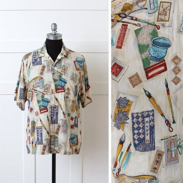 mens vintage 1990s Hawaiian shirt • Japanese brush art print rayon short sleeve button-up shirt 