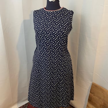 Cherry Print Dress 1970s vintage A line red white and blue with pockets L 