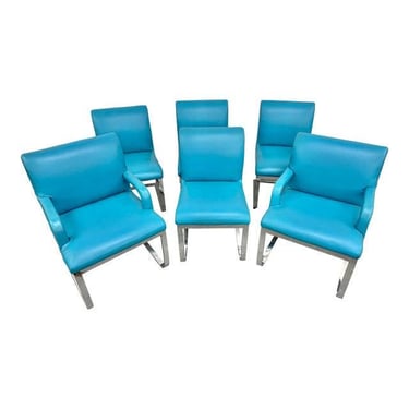 Vintage Blue Vinyl Flat Bar Chrome Dining Chairs - Set of 6 