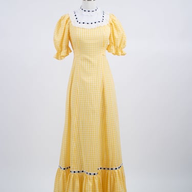 1970s Homemade Yellow Gingham Puff Sleeve Maxi Dress
