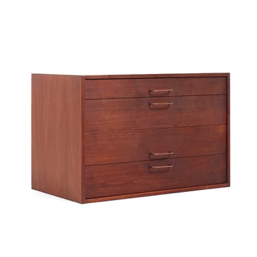 Jens Risom Mid Century Walnut and Brass Wall Mounted Cabinet Chest of Drawers - mcm 