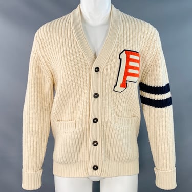 BEAMS Size M Cream Orange Logo Applique Wool Blend Chunky Knit Cardigan