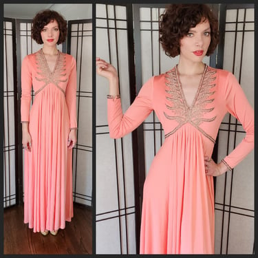 70s Maxi Dress Peach Pink w/Pearls & Sequins by Jack Bryan / S 