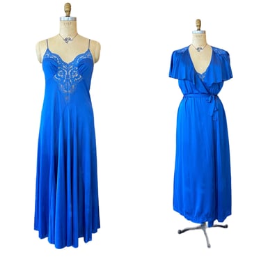 1970s peignoir set, cobalt blue, vintage lingerie, 2 piece robe and nightgown, large, low back, flutter sleeves, pockets, sexy loungewear 
