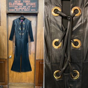 Vintage 1960’s Jet Black “Wet Look” Glam Disco Mod Jumpsuit Outfit, Gold Grommet, Low Cut, Disco, Mod, Vintage Jumpsuit, 1960’s, 1970’s, 
