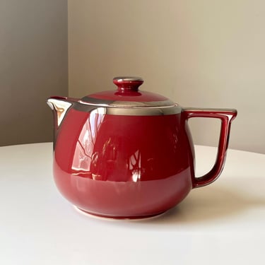Vintage 80oz Maroon Pottery Coffee Pot with Platinum Colored Trim by Hall 