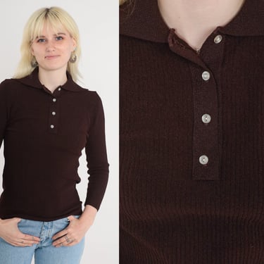 Dark Brown Polo Shirt 70s Long Sleeve Collared Shirt Ribbed Top Retro Preppy Button up Seventies Basic Minimalist Vintage 1970s Small Medium 