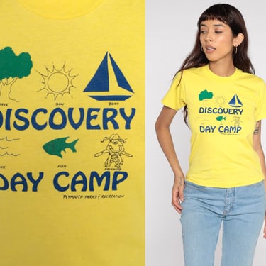 Camp Shirt Screen Stars Tshirt Discover Day Camp Graphic T Shirt 80s Tshirt Camping Shirt  Vintage Tee 1980s Extra Small xs 