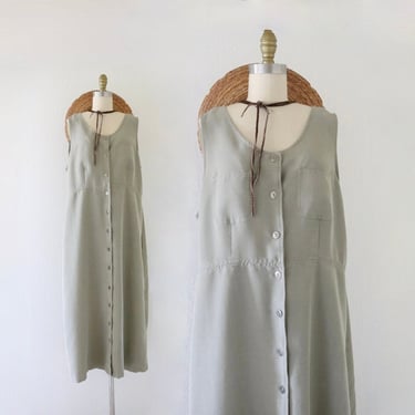sage button jumper dress - l - vintage 90s y2k long womens maxi light green minimal sleeveless spring summer size large 