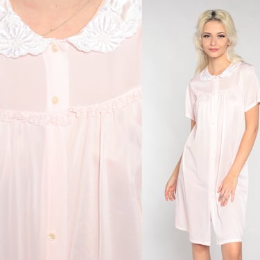 Pink Nightgown 80s Pajama Dress Floral Embroidered Collared Lace Trim Short Sleeve Button up Mini Nightie Lounge Vintage 1980s Medium M 