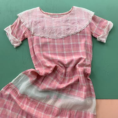 1920s Sweet Pink Plaid Cotton Dress - Size XS/S