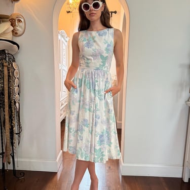 LANZ Floral Feminine Dainty 70s 80s Flirty Midi Dress full skirt pockets S M 