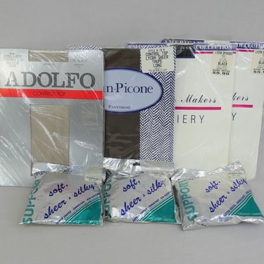 Lot of 7 Pairs Vintage Pantyhose - Adolfo, Evan-Picone, others - Off-Black, Black, Navy, Taupe - Size Medium Tall 120-160 pounds 