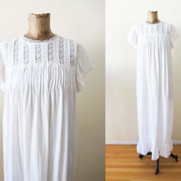 1970s White Indian Cotton Maxi Dress S M - Romantic Cottagecore Long Lace Trimmed Lawn Dress 