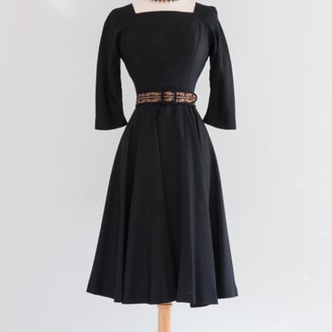 Timeless 1950's Little Black Silk Dress With Full Skirt By L'Aignon / Small