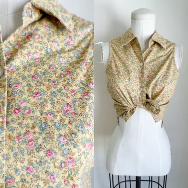 Vintage 1990s Yellow Floral Cropped Blouse / XS 
